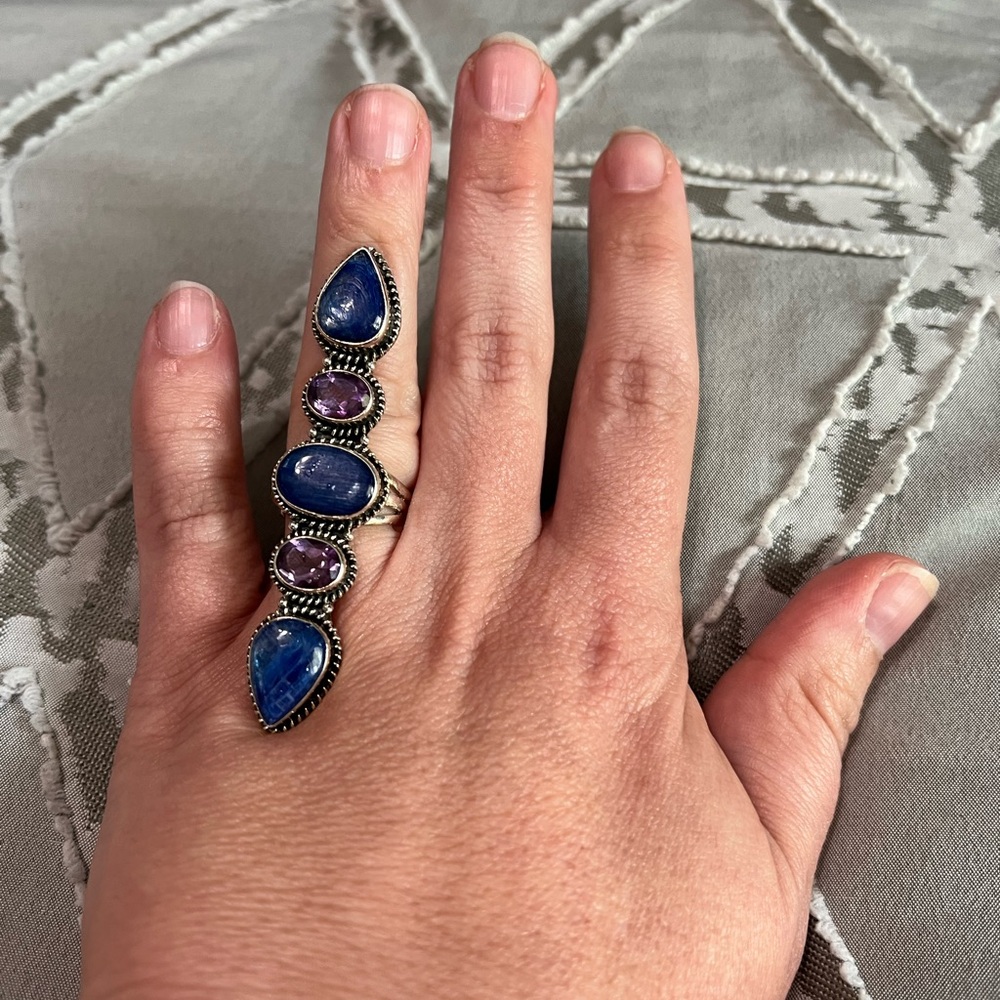 Sterling silver kyanite and amethyst crawler adjustable ring - Picture 3 of 4